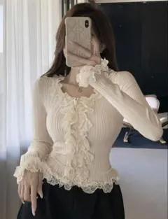 SHEIN DAZY レース切り替えボタンダウンカーディガン