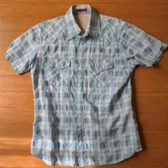 291295=HOMME 水色と白のチェック柄 半袖シャツ
