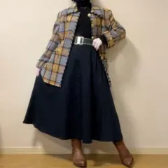 希少 チェック ツイード リボンステッチ ロング丈ジャケット 一点物 灰色 黄色