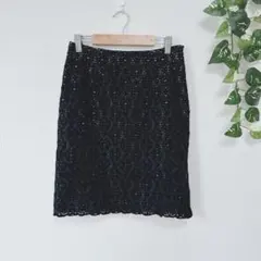 【クードシャンス】刺繍レーススカート ストレート サイドスリット ひざ丈（36）