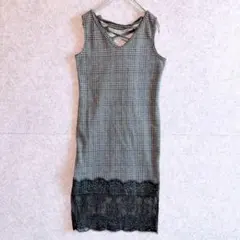 キャバ【デイジーラウンジ】 バックレースアップ 裾レース 千鳥格子 ワンピース