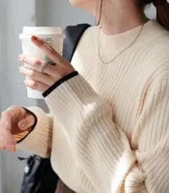 DISCOAT モチモチリブパイピングハイネック リブニット　アイボリー　L