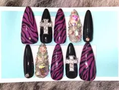 ネイルチップ ピンク 黒 ギャル ゼブラ柄 埋めつくしネイル 現品