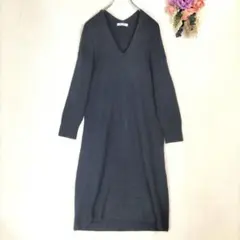 グローバルワーク　 Vネック　長袖ニットワンピース　紺　綿100%　深Vネック