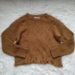 ローリーズファーム　ケーブル　フリンジ 柄　切替　ニット　セーター　キャメル　M