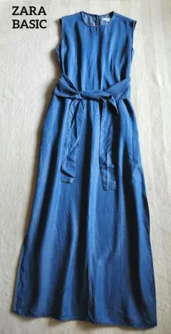 ZARA BASIC DENIM デニム ウエストリボン ロングワンピース M