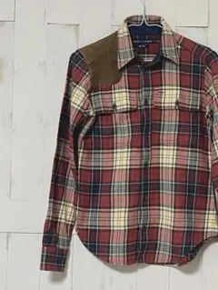 ラルフローレン チェックネルシャツ スリムフィット 2 レッド系 スエード切替