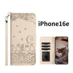 iPhone16e ケース 手帳型 猫柄 アイボリー