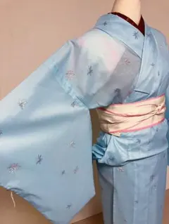 【匿名配送】単衣 夏着物 小紋 水色 ポリエステル 昭和