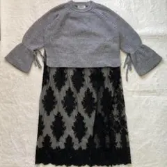 ミラオーウェン　Mila Owen　ニットドッキングワンピース　レース　刺繍　黒