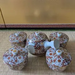 九谷焼 寿山 花詰 赤絵 急須 湯呑み 蓋付 セット 茶器 和食器