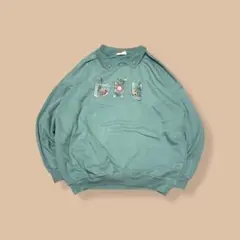 ビンテージ花柄刺繍襟付きスウェットトレーナーグリーン緑アート90sUSA古着XL