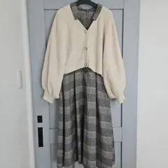 ち*㌧様 美品！緑チェック柄レトロかわいいワンピース