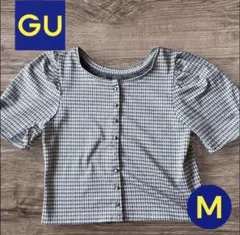 GU 千鳥柄 パフスリーブ 半袖 カーディガン M ブラウン 秋服