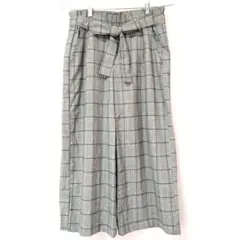 THE SHOP TK グレー系 チェック柄ワイドパンツ リボン ハイウエスト