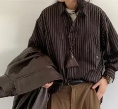 ダークブラウン ストライプ 長袖シャツ