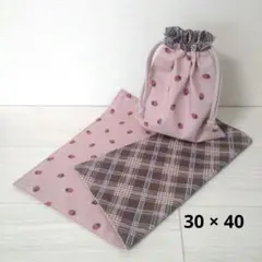 ハンドメイド　給食袋＆ランチョンマット　いちご　くすみピンク×ブラウンチェック