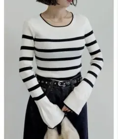 リエディ クルーネックフレアスリーブ配色リブニットトップス Lサイズ