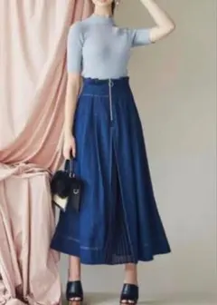 フロントジップ デニムプリーツスカート ロング丈
