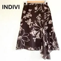 【インディヴィ】M ひざ丈フレアスカート シフォン アシンメトリー 花柄 夏 茶