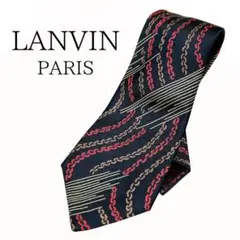 【美品】LANVIN シルクネクタイ フランス製 総柄 ネイビー×レッド