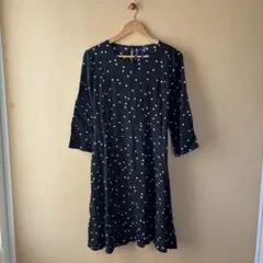 ドット ワンピース ミニ 黒 ブラック 7部袖 ひざ丈