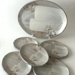 【未使用】たち吉　金彩草花 楕円皿 取り皿 銘々皿 取り分け揃　6点セット　土物