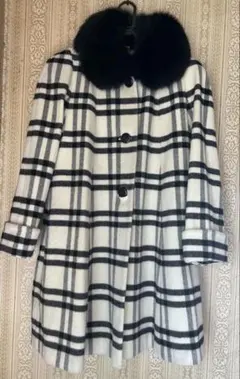 「ヴィンテージ」チェック柄のコート　アンゴラ素材　フォックスファー付き