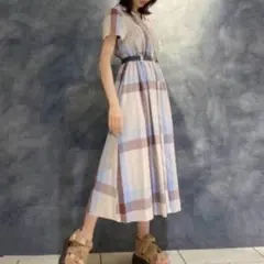 レディアゼル 半袖 レトロチェック シャツワンピース【Ｍ】Ａライン ベルト付 夏