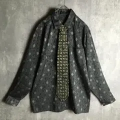 【長袖ネクタイシャツ】総柄 シルクネクタイ 幾何学模様 M グレー メンズ 古着