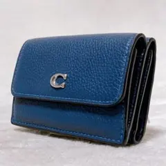 美品　COACH　ミニトライフォールドウォレット　三つ折り財布　ネイビー　レザー