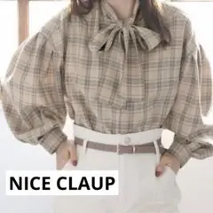 【NICE CLAUP】リボン付き　チェックシャツ　長袖のサムネイル