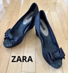 ZARA ザラ　黒サテン　リボンオープントゥ ウエッジパンプス　ジュート巻き