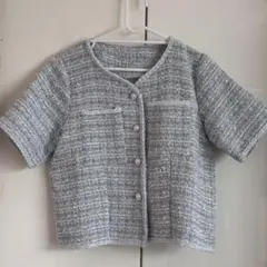 ノーカラー半袖ツイードジャケット