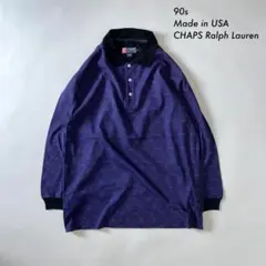 90s CHAPS RalphLauren USA製 パープル総柄長袖ポロシャツ