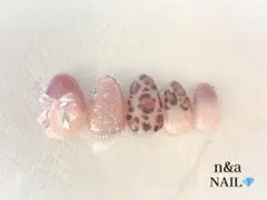 春ネイル ピンクレオパード×ピンクマグネットネイルガーリー系リボンネイルチップ