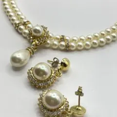 か*】様 パール２連 ネックレス、ピアス セット ティアドロップ　ブライダルフォ