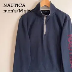 NAUTICA ハーフジップ スウェット M ネイビー 袖ロゴ 刺繍ロゴ 裏起毛