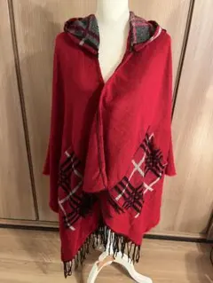 フード付きポンチョ 赤 チェック フリンジ 大判ストール 羽織り 秋冬 防寒