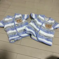 バースデイ ベビーベスト 青と灰色のストライプ クマ刺繍 サイズ80 2枚セット