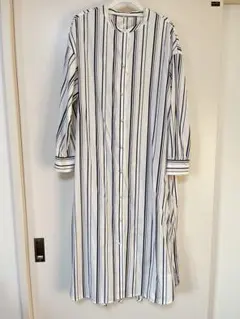 ノーリーズ ストライプ シャツワンピース 38 パールボタン ウエストリボン
