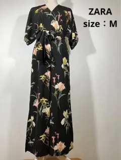 ZARA ジャンプスーツ 花柄 スリット リボン ワイド