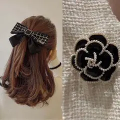 【お得！セット】 バレッタ　ブローチ　コサージュ　パール　リボン　黒　フォーマル