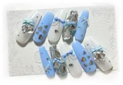 ネイルチップ 量産型 ブルー リボン ハート ビジュー ワンホン 推し活 韓国