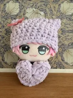 ハンドメイド ぬい用 ねこ耳ニット帽 ＆ ハートチャーム