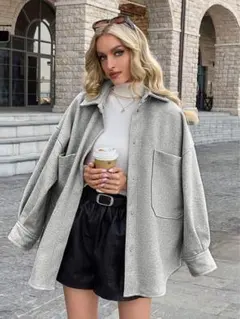 SHEINドロップショルダー ポケットフロント オーバーコート グレー