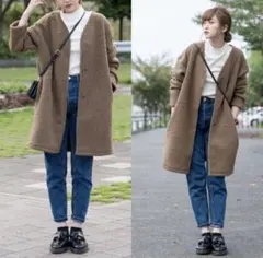 ユニクロ　ロングノーカラーボアコート　ブラウン フリースカーディガン L