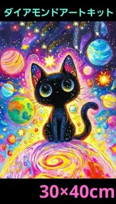 ダイヤモンドアートキットカラフルな宇宙背景にした 黒猫 30×40cm