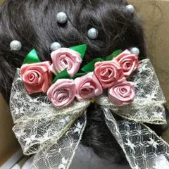 和装髪飾り ピンクのローズとレースリボンの 髪飾り 卒業式 袴 着物 ドレス