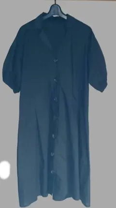 半袖　ロングワンピース　シャツワンピース　Ｌ　黒　前開き　開襟　カジュアル　夏